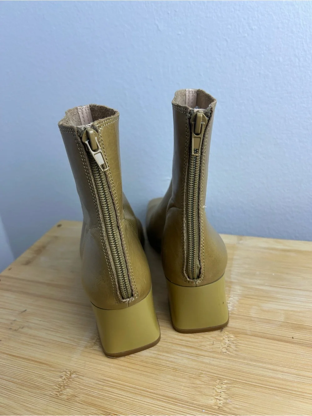 Mango Squared Toe Leather Ankle Boots Size 36 Women's Block Heel butter yellow